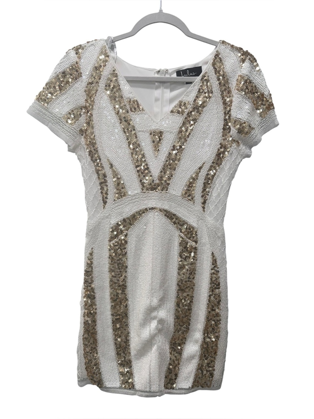 Lulus White & Gold Sequin Short Sleeve V-Neck Cocktail Dress. Size XS - Picture 2 of 9